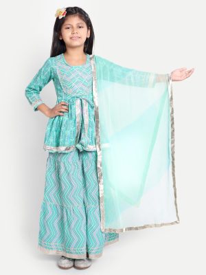 Ka-mee Girls Sea Green Printed Gotta Patti Pure Cotton Kurta with Sharara& Dupatta
