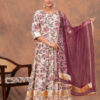 Kamee Printed V-Neck Kurta with Palazzo & Dupatta in Off-White Pure Cotton