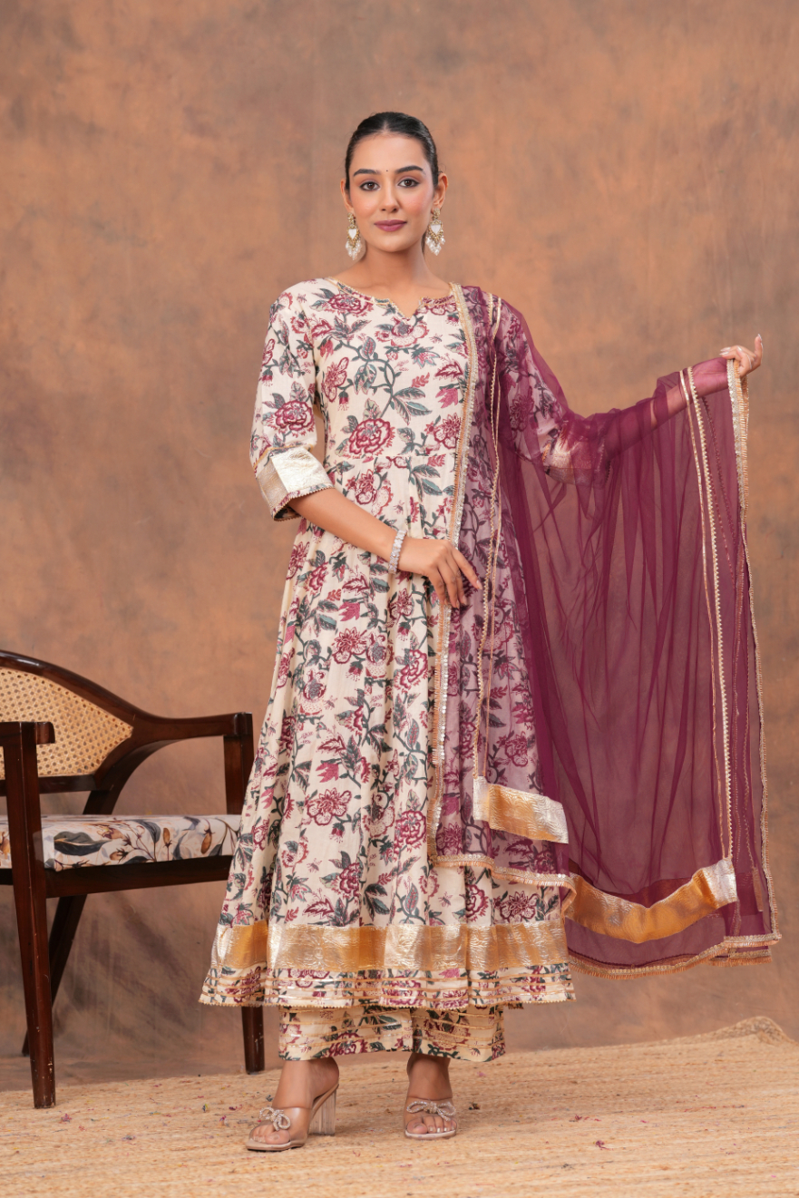 Kamee Printed V-Neck Kurta with Palazzo & Dupatta in Off-White Pure Cotton
