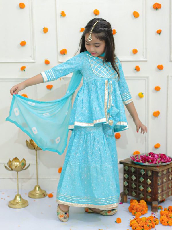 Ka-mee Girls Bandhani Printed Gotta Patti Pure Cotton Kurti With Sharara & Dupatta - Image 5