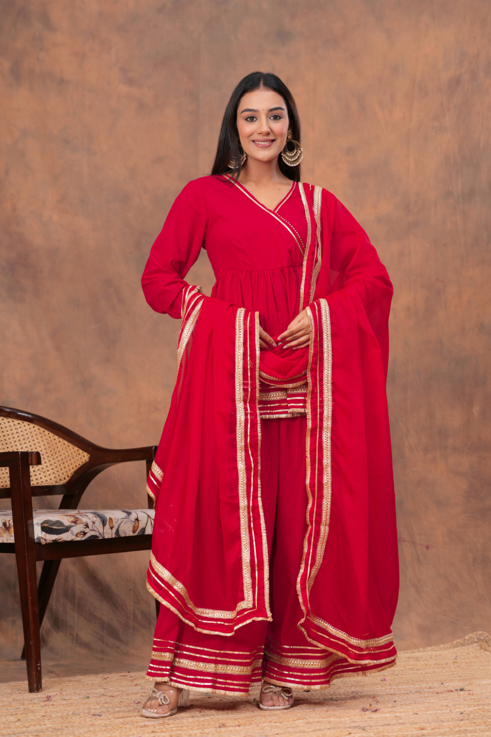 10 Kamee Red V-Neck Kurta Palazzo Set with Dupatta in Cotton