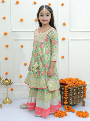 Ka-mee Girls Sea Green Ethnic Motifs Printed Gotta Patti Pure Cotton Kurta with Sharara