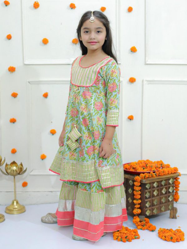 Ka-mee Girls Sea Green Ethnic Motifs Printed Gotta Patti Pure Cotton Kurta with Sharara
