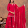 Kamee Red V-Neck Kurta Palazzo Set with Dupatta in Cotton