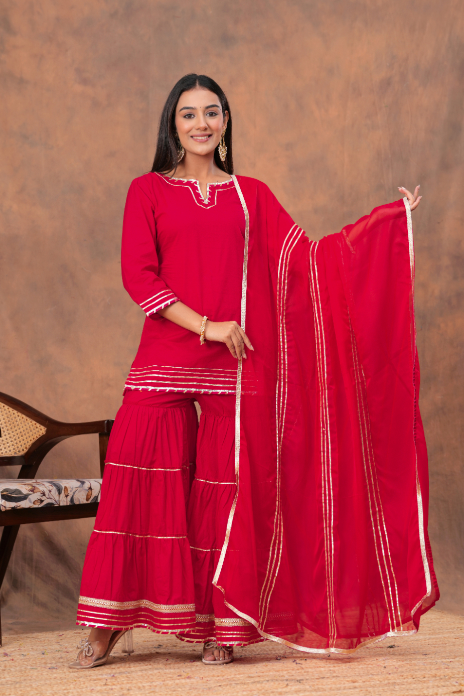 Kamee Red V-Neck Kurta Palazzo Set with Dupatta in Cotton