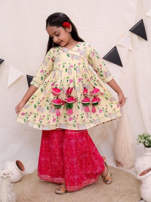 Ka-mee Girls Floral Printed Gotta Patti Pure Cotton Kurta with Sharara