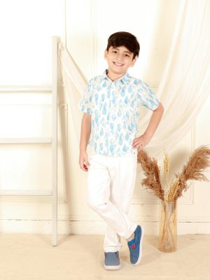 Kamee Boys Printed Pure Cotton Casual Shirt-Blue