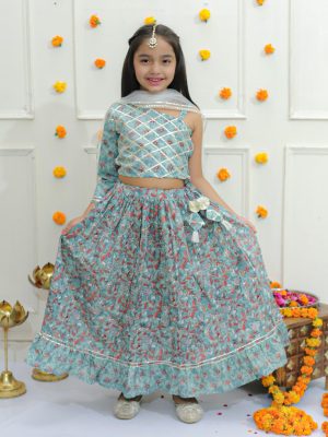 Kamee Girls Floral Printed Gotta Patti Cotton Lehenga & Choli With Dupatta-Blue