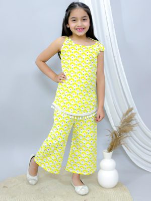 Ka-mee Girls Floral Printed Pure Cotton Straight Kurti with Plazo