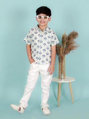 Kamee Boys Printed Pure Cotton Casual Shirt-Blue