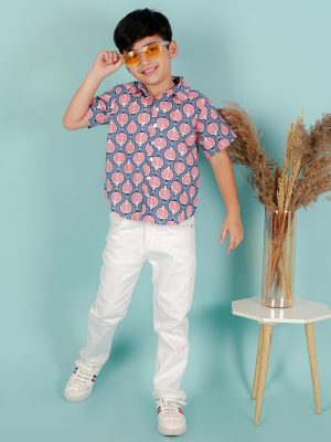 Kamee Boys Printed Pure Cotton Casual Shirt-Red