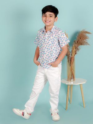 Kamee Boys Printed Pure Cotton Casual Shirt-Blue