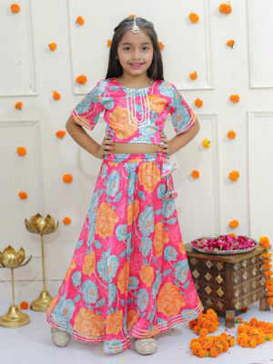 Kamee Girls Floral Printed Gotta Patti Lehenga Choli-Pink