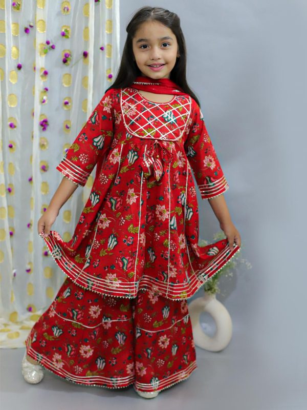 Ka-mee Girls Floral Printed Gotta Patti Pure Cotton Kurta & Sharara With Dupatta - Image 4