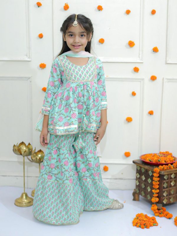 Ka-mee Girls Ethnic Motifs Printed Pure Cotton A-Line Kurti with Sharara & Dupatta - Image 5