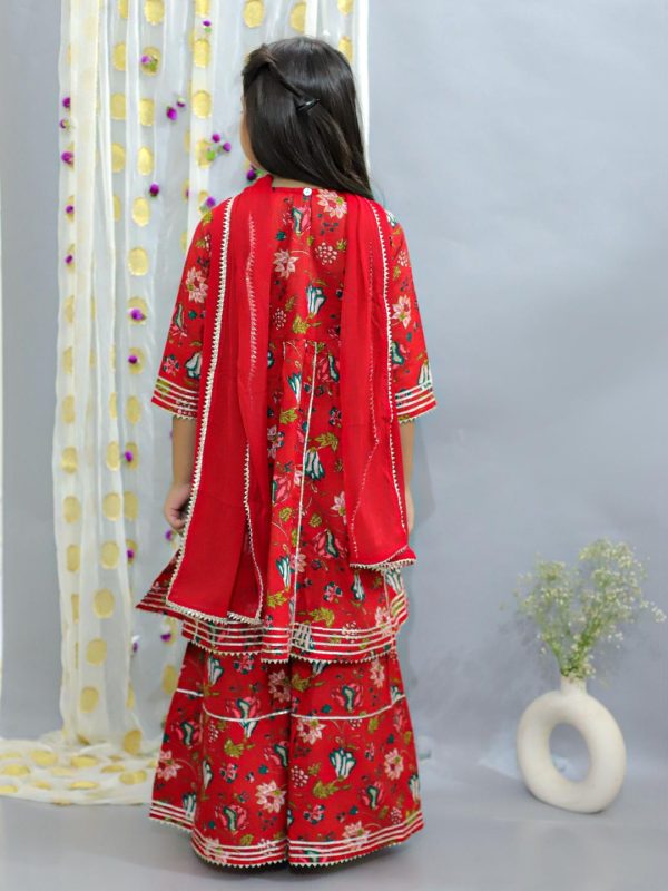 Ka-mee Girls Floral Printed Gotta Patti Pure Cotton Kurta & Sharara With Dupatta - Image 5
