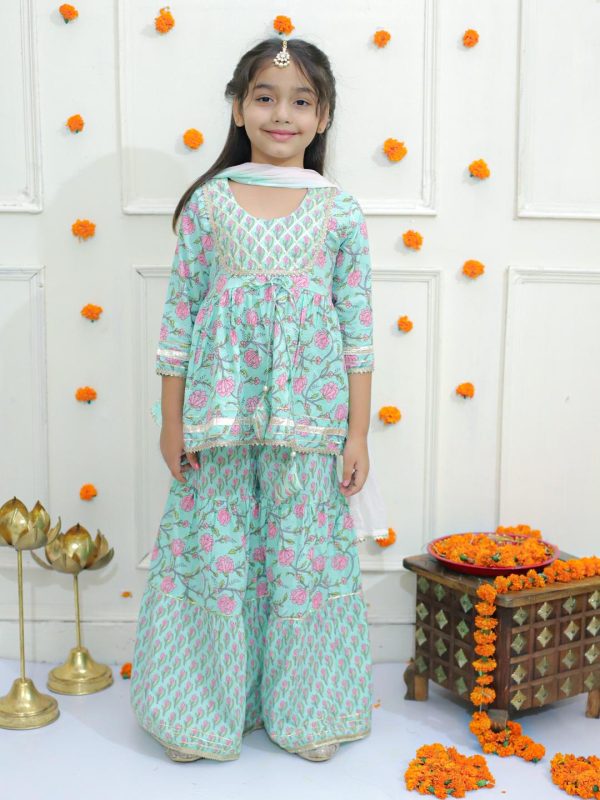 Ka-mee Girls Ethnic Motifs Printed Pure Cotton A-Line Kurti with Sharara & Dupatta - Image 4