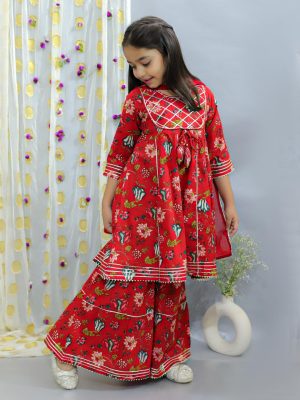 Ka-mee Girls Floral Printed Gotta Patti Pure Cotton Kurta & Sharara With Dupatta