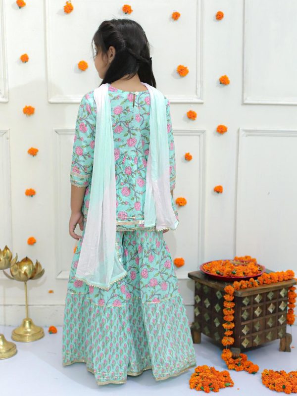 Ka-mee Girls Ethnic Motifs Printed Pure Cotton A-Line Kurti with Sharara & Dupatta - Image 3