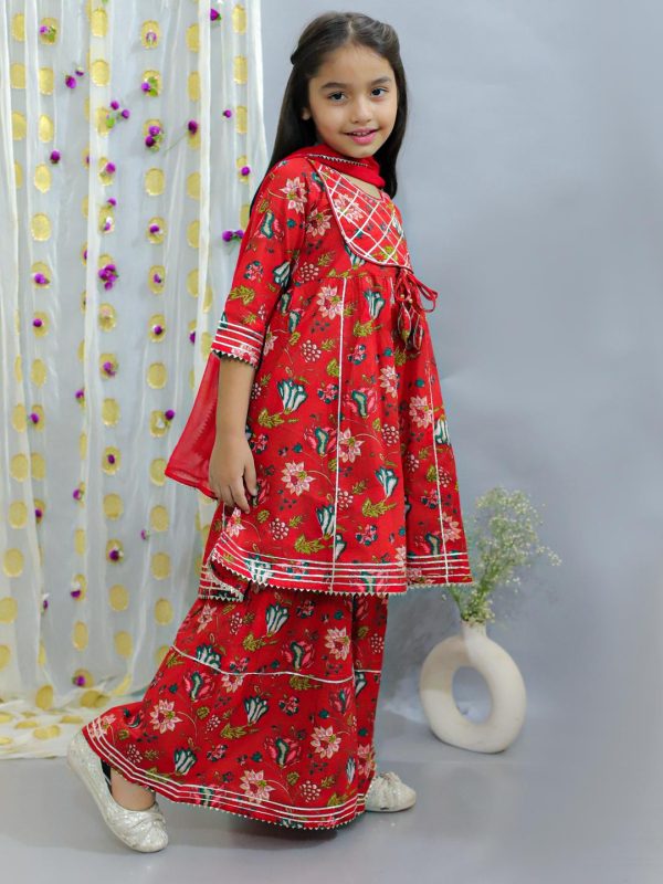 Ka-mee Girls Floral Printed Gotta Patti Pure Cotton Kurta & Sharara With Dupatta - Image 6