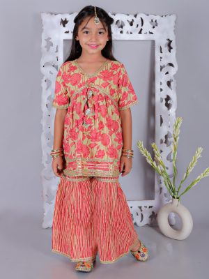 Ka-mee Girls Floral Printed Angrakha Pure Cotton Kurti With Sharara