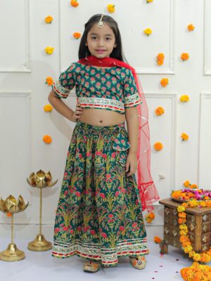 Kamee Girls Floral Printed Gotta Patti Cotton Lehenga & Choli With Dupatta-Green