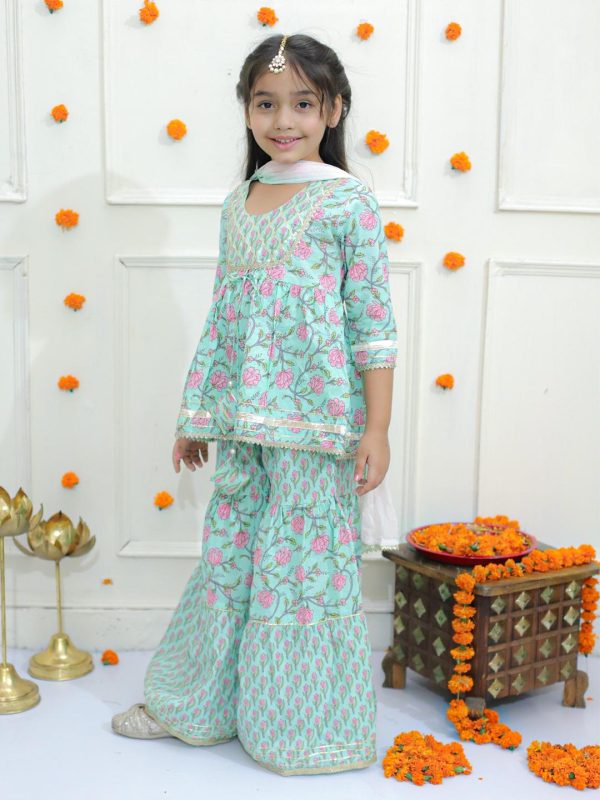 Ka-mee Girls Ethnic Motifs Printed Pure Cotton A-Line Kurti with Sharara & Dupatta - Image 2