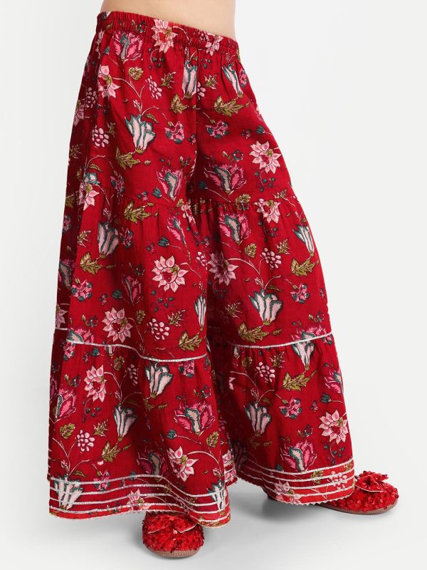 Ka-mee Girls Floral Printed Gotta Patti Pure Cotton Kurta & Sharara With Dupatta - Image 3