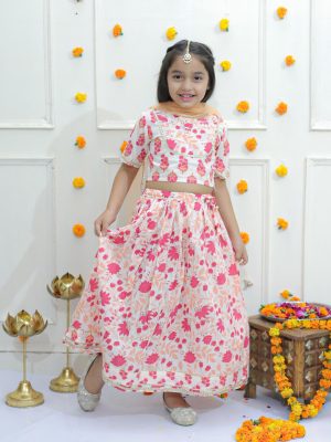 Kamee Girls Floral Printed Gotta Patti Cotton Lehenga & Choli With Dupatta-Red