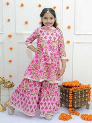 Ka-mee Girls Floral Printed A-Line Kurta with Sharara & Dupatta
