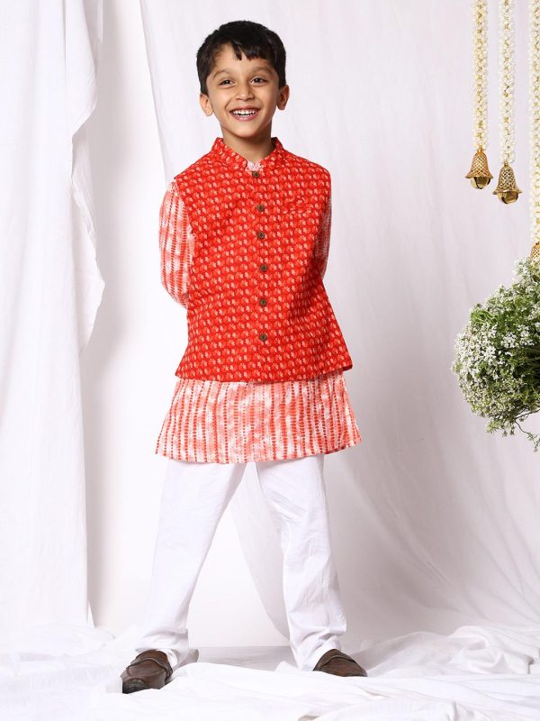 Kamee Floral Printed Pure Cotton Kurta with Pyjama & Jacket-Red - Image 5