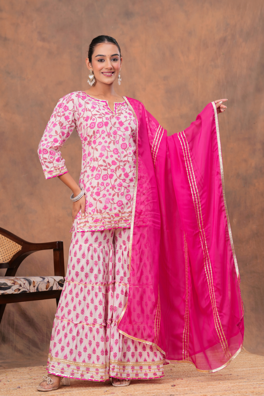 Kamee Pink V-Neck Kurta Palazzo Set with Dupatta in Cotton