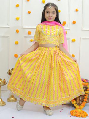 Ka-mee Girls Gotta Patti Cotton Lehenga & Choli With Dupatta-Yellow