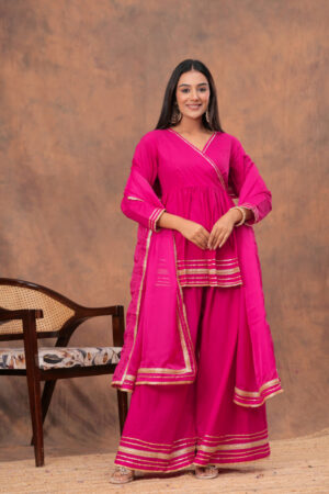 Kamee Pink V-Neck Kurta Palazzo Set with Dupatta in Cotton