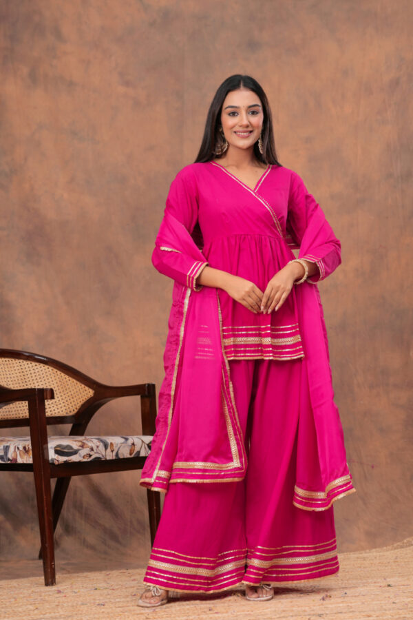 Kamee Pink V-Neck Kurta Palazzo Set with Dupatta in Cotton