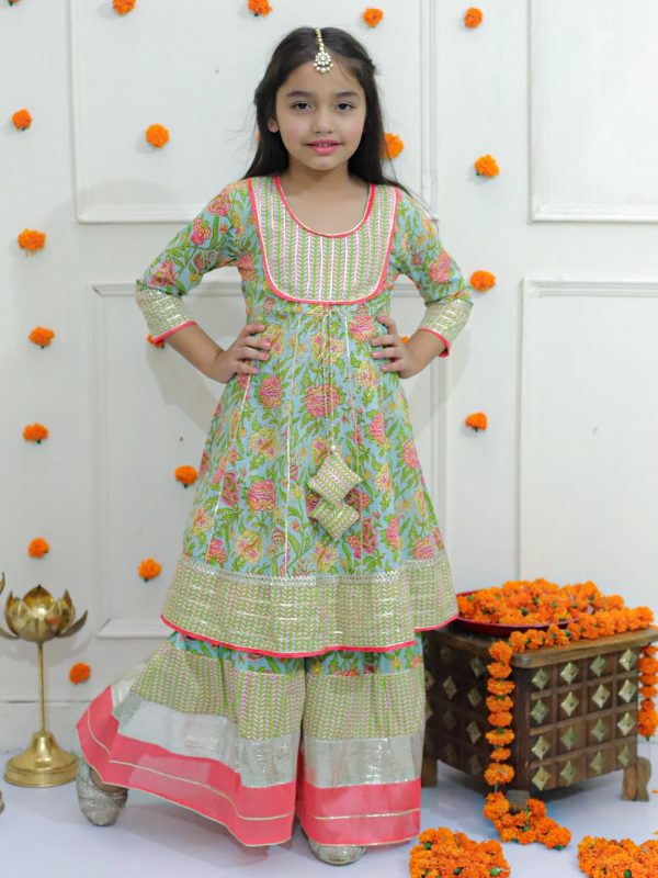 Ka-mee Girls Sea Green Ethnic Motifs Printed Gotta Patti Pure Cotton Kurta with Sharara - Image 2