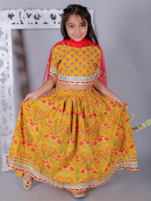 Kamee Girls Floral Printed Gotta Patti Cotton Lehenga & Choli With Dupatta-Yellow