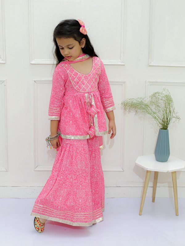 Ka-mee Girls Bandhani Printed Gotta Patti Pure Cotton Kurti With Sharara & Dupatta - Image 4