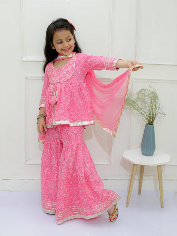 Ka-mee Girls Bandhani Printed Gotta Patti Pure Cotton Kurti With Sharara & Dupatta - Image 3