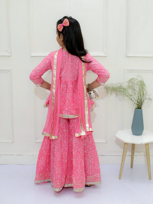 Ka-mee Girls Bandhani Printed Gotta Patti Pure Cotton Kurti With Sharara & Dupatta - Image 2
