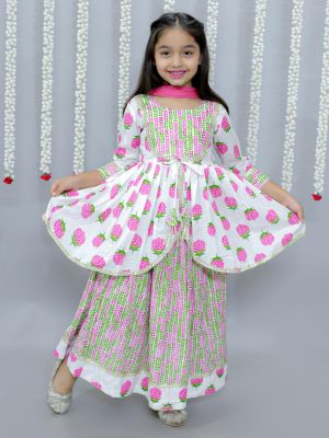 Kamee Girls Printed Cotton Lehenga & Choli With Dupatta-Pink