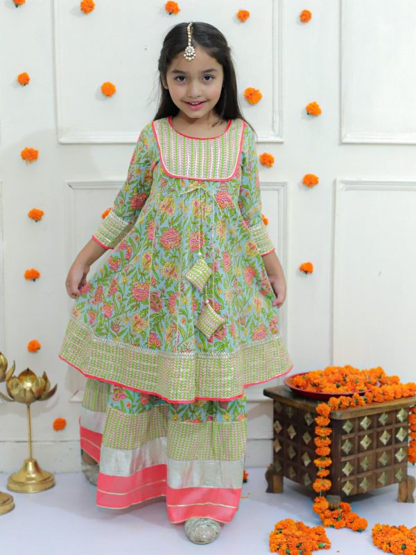 Ka-mee Girls Sea Green Ethnic Motifs Printed Gotta Patti Pure Cotton Kurta with Sharara - Image 3