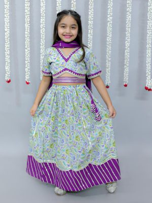 Kamee Girls Printed Gotta Patti Cotton Lehenga & Choli With Dupatta-Blue