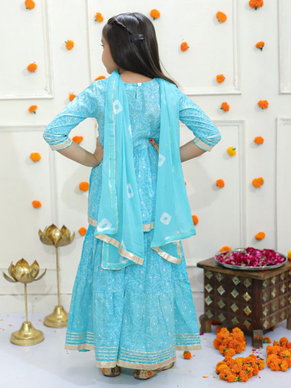 Ka-mee Girls Bandhani Printed Gotta Patti Pure Cotton Kurti With Sharara & Dupatta - Image 2