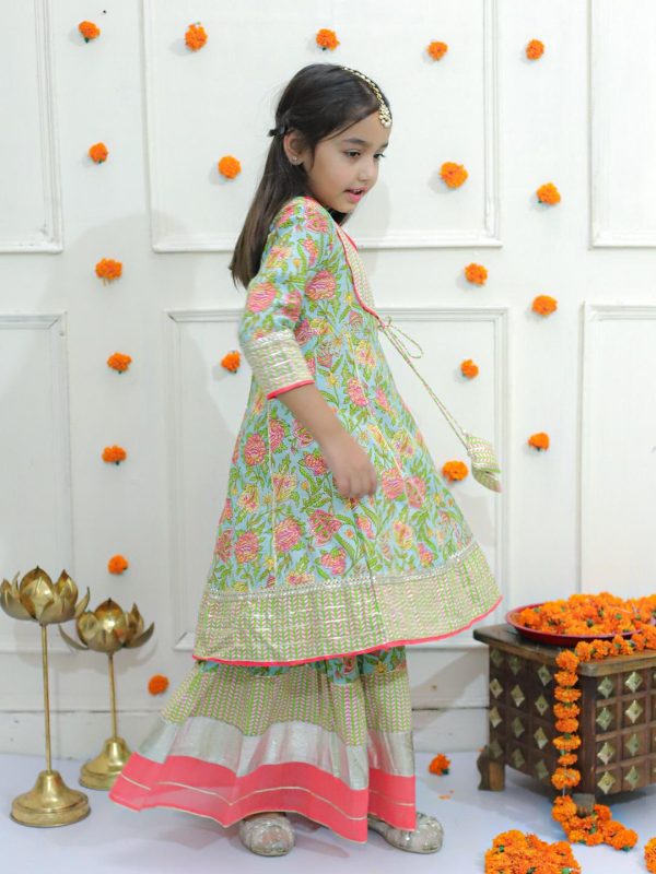 Ka-mee Girls Sea Green Ethnic Motifs Printed Gotta Patti Pure Cotton Kurta with Sharara - Image 4