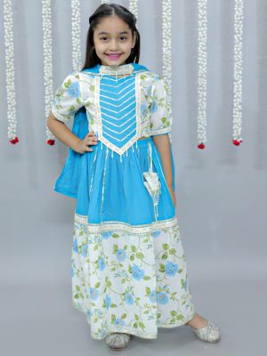 Kamee Girls Floral Printed Gotta Patti Cotton Lehenga & Choli With Dupatta-Blue