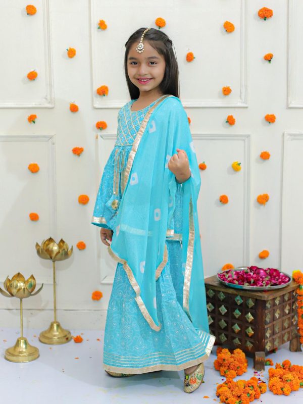 Ka-mee Girls Bandhani Printed Gotta Patti Pure Cotton Kurti With Sharara & Dupatta - Image 4