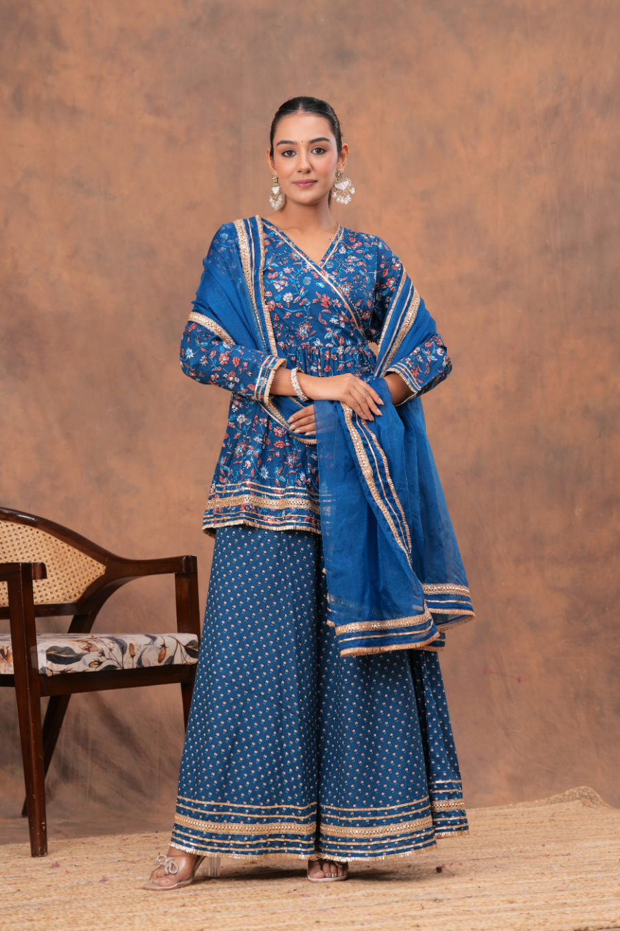Kamee Blue V-Neck Kurta Palazzo Set with Dupatta in Cotton