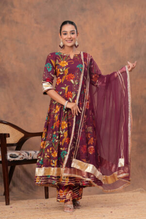 Kamee Burgundy V-Neck Kurta Palazzo Set with Dupatta in Cotton