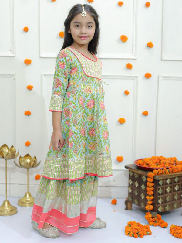 Ka-mee Girls Sea Green Ethnic Motifs Printed Gotta Patti Pure Cotton Kurta with Sharara - Image 5